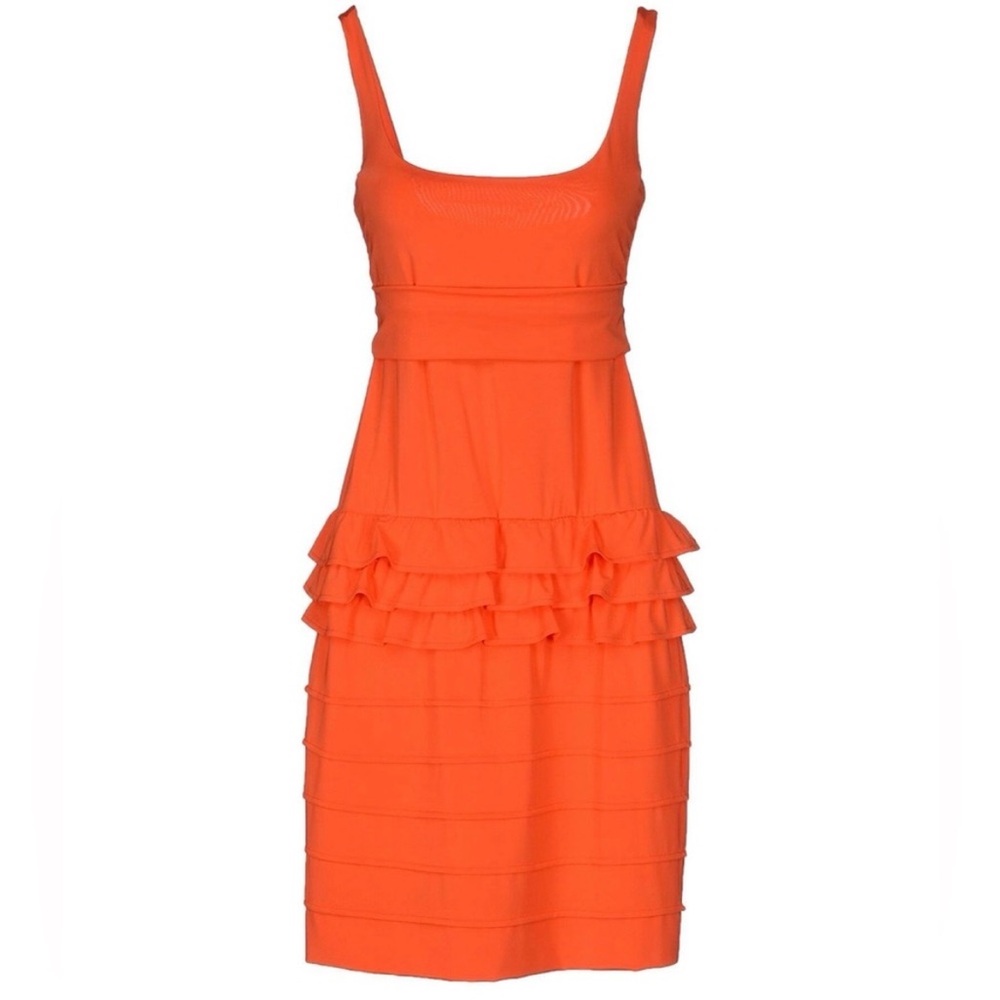Paola Frani Tiered Ruffle Stretch Orange Italian Mini Dress - Size 10